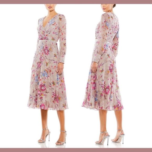 Mac Duggal Floral Embellished Long Sleeve Midi Dress Mauve G1689 - Picture 3 of 11